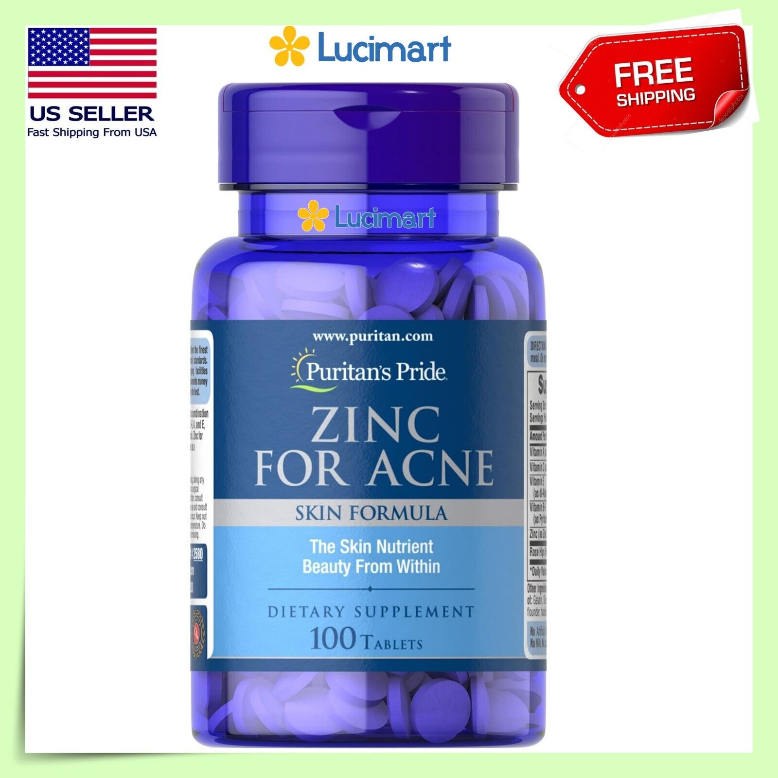 Zinc for Acne a Mineral for Immune Sytem 100 Tablets Puritan's Pride