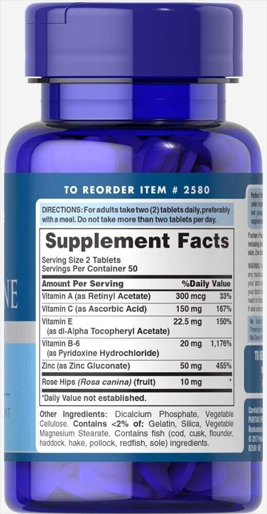 Zinc for Acne a Mineral for Immune Sytem 100 Tablets Puritan's Pride
