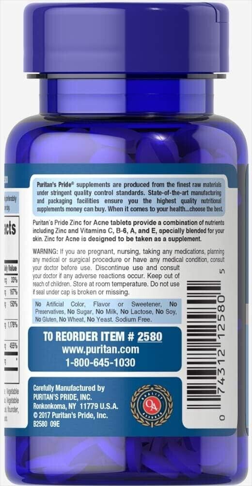 Zinc for Acne a Mineral for Immune Sytem 100 Tablets Puritan's Pride