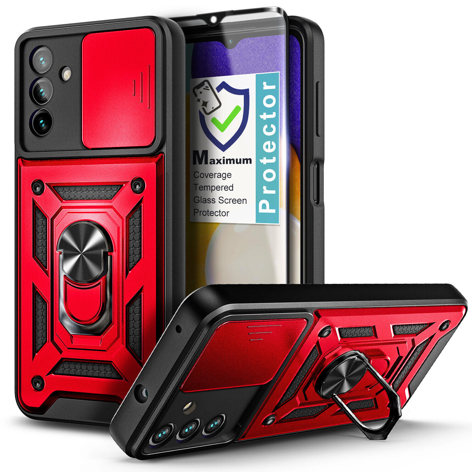 For Samsung Galaxy A14 5G Case Full Body Ring Stand Phone Cover + Tempered Glass
