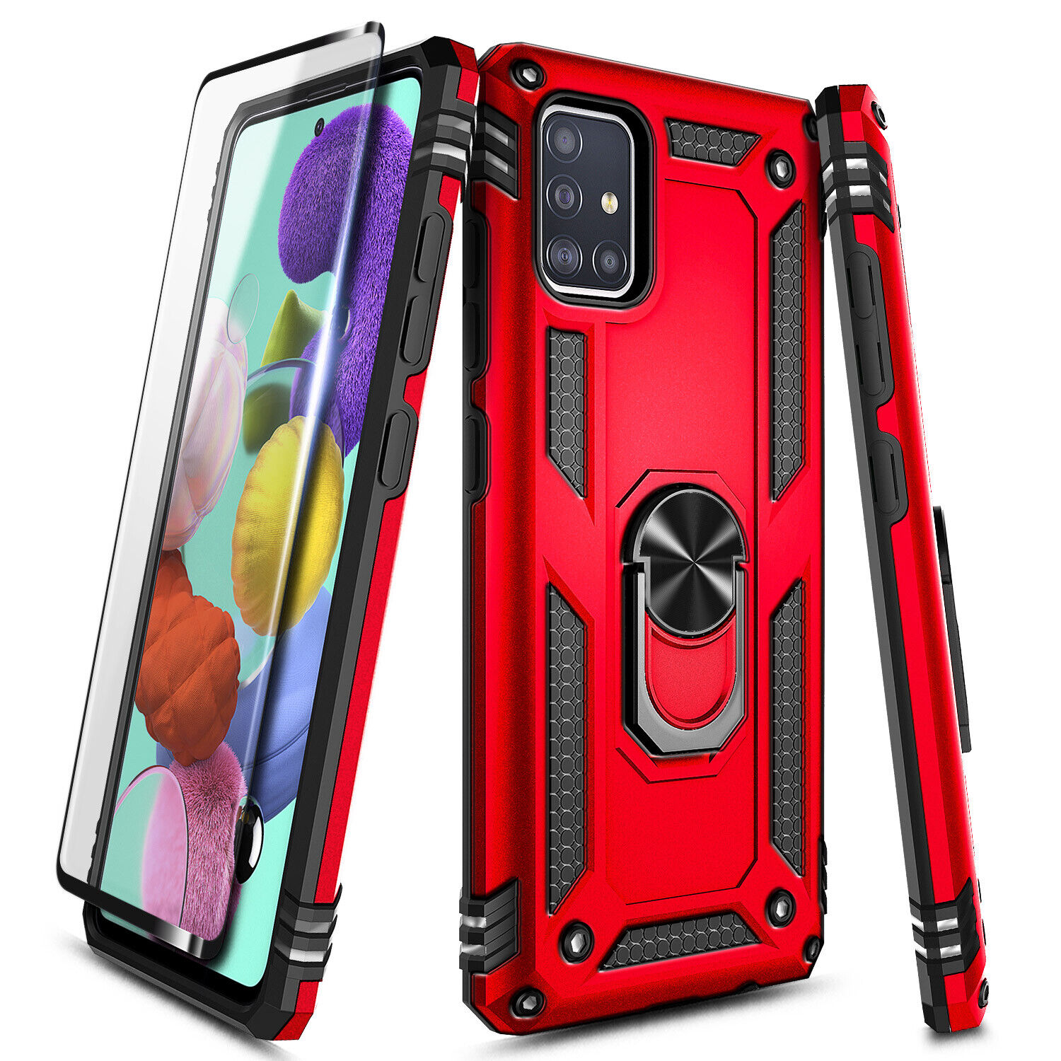 For Samsung Galaxy A21s Case Ring Stand Phone Case with Tempered Glass Protector