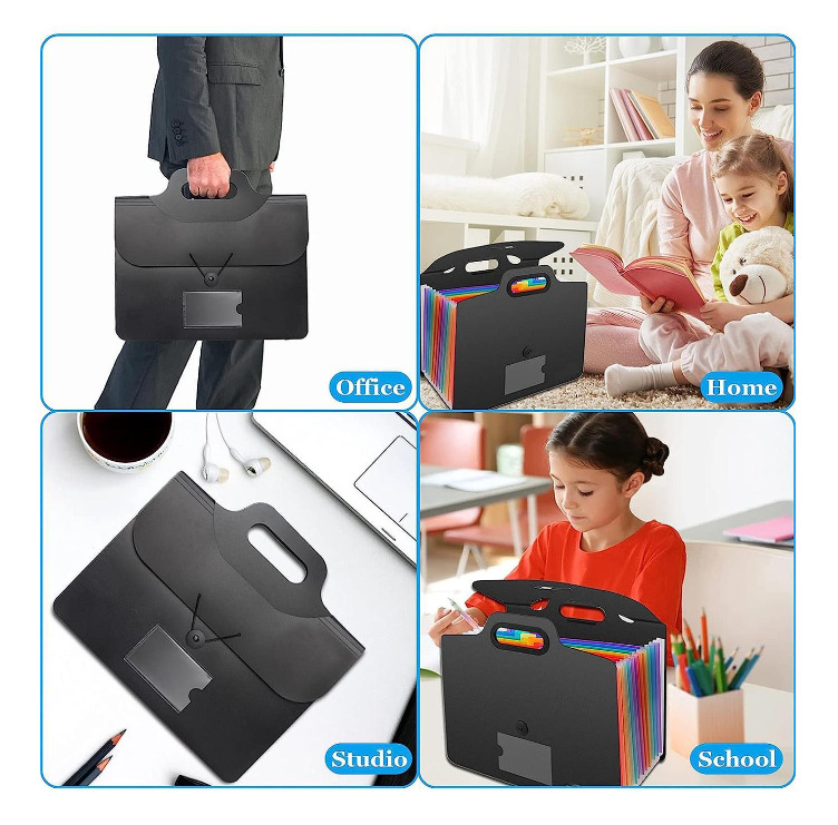 1pc Black 13-pocket Expanding File Folder With Handle, A4 Size - Plastic - NEW