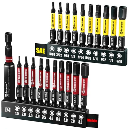 Facoow Hex Bit Set, S2 Alloy Steel Allen Wrench Drill Bit Set with Magnetic Tips, 1/4 Hex-shank 2" Impact Allen Key Bits Set with 2.3" Hex Extension, Precision CNC Machining, 20+1 Pack(Metric&SAE)