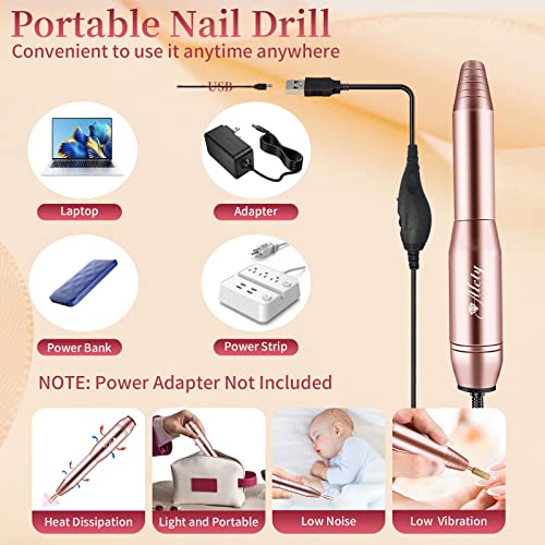 Alety Electric Nail Drill Kit, Portable Electric Nail File for Acrylic Gel Nails, Professional Nail Drill Machine Efile Manicure Pedicure Tools with Gold Nail Drill Bits for Home Salon Use