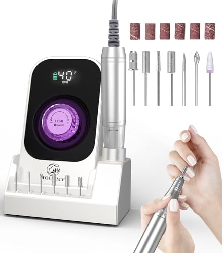 Portable Nail Drill Electric File: 40000RPM Professional Rechargeable Nail E File Machine, Cordless Nail Drill with Bits & Base for Acrylic Nails Remove Nail Gel Polish Manicure for Salon Home, White