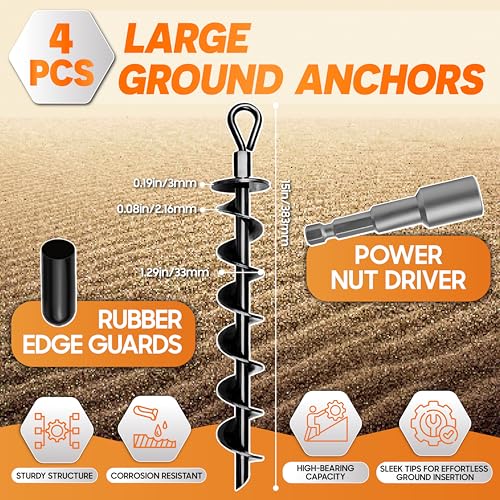 [Premium] 4 Pack Ground Anchors with Power Nut Driver Drill Bit, Ground Anchors Screw in, Swing Set Anchors, Trampoline Anchors High Wind Heavy Duty for Camping Tents, Car Ports, Swing Sets, Canopies