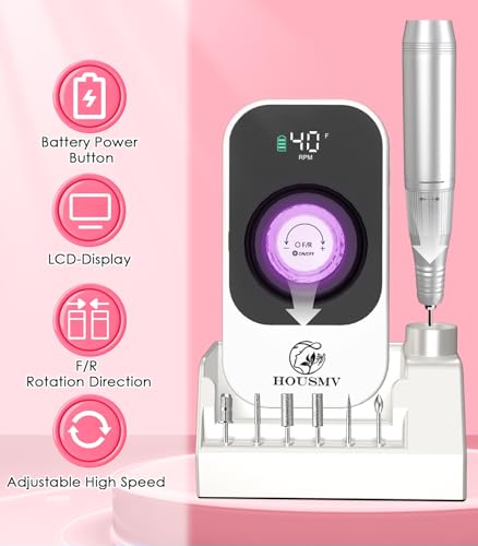 Portable Nail Drill Electric File: 40000RPM Professional Rechargeable Nail E File Machine, Cordless Nail Drill with Bits & Base for Acrylic Nails Remove Nail Gel Polish Manicure for Salon Home, White