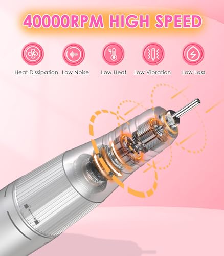 Portable Nail Drill Electric File: 40000RPM Professional Rechargeable Nail E File Machine, Cordless Nail Drill with Bits & Base for Acrylic Nails Remove Nail Gel Polish Manicure for Salon Home, White