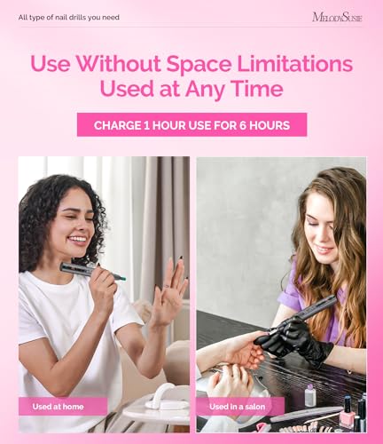 MelodySusie Rechargeable Cordless Electric Nail Drill,PC180E 25000RPM Portable Nail Efile for Acrylic Gel Dip Powder Nails, 25 Speeds with Nail Drill Bits Sanding Bands Gray