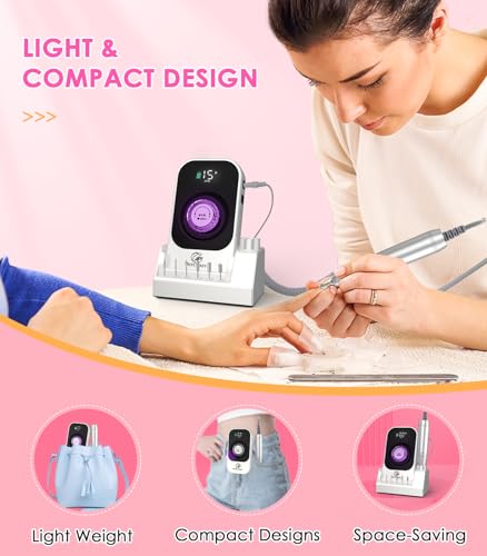 Portable Nail Drill Electric File: 40000RPM Professional Rechargeable Nail E File Machine, Cordless Nail Drill with Bits & Base for Acrylic Nails Remove Nail Gel Polish Manicure for Salon Home, White