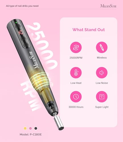 MelodySusie Rechargeable Cordless Electric Nail Drill,PC180E 25000RPM Portable Nail Efile for Acrylic Gel Dip Powder Nails, 25 Speeds with Nail Drill Bits Sanding Bands Gray