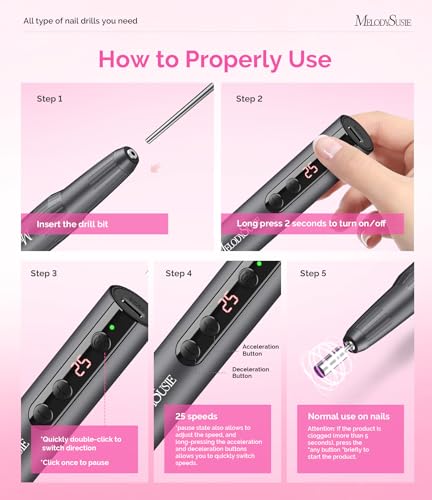 MelodySusie Rechargeable Cordless Electric Nail Drill,PC180E 25000RPM Portable Nail Efile for Acrylic Gel Dip Powder Nails, 25 Speeds with Nail Drill Bits Sanding Bands Gray