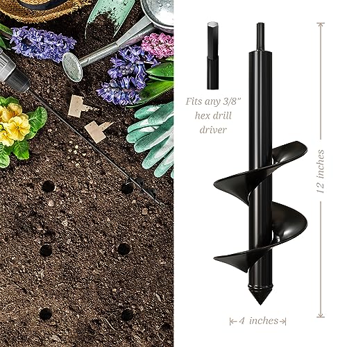 K-Brands Auger Drill Bit for Planting – 4 x 12 Inch - Garden Spiral Hole Drill Planter for Bulb Planting, Bedding Plants, Umbrella Holes - 3/8 Inch Hex Drive Drill