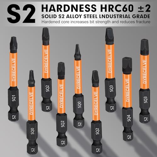 12-Pack Square Drive Bits- Premium S2 Alloy Steel Square Bit Set Magnetic Heads- Robertson Square Drill Bit Set (Long 2.55"& Hex Shank) Square Head Screwdriver Sizes #0, 1, 2, 3, and #4