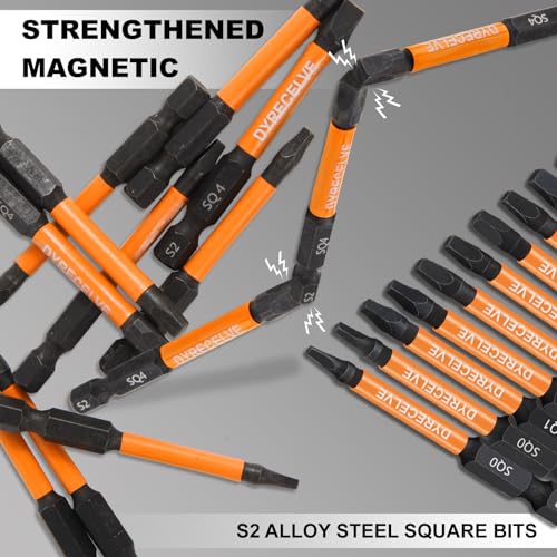 12-Pack Square Drive Bits- Premium S2 Alloy Steel Square Bit Set Magnetic Heads- Robertson Square Drill Bit Set (Long 2.55"& Hex Shank) Square Head Screwdriver Sizes #0, 1, 2, 3, and #4