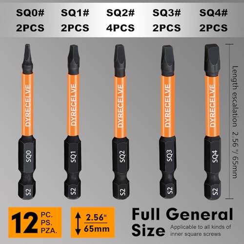 12-Pack Square Drive Bits- Premium S2 Alloy Steel Square Bit Set Magnetic Heads- Robertson Square Drill Bit Set (Long 2.55"& Hex Shank) Square Head Screwdriver Sizes #0, 1, 2, 3, and #4