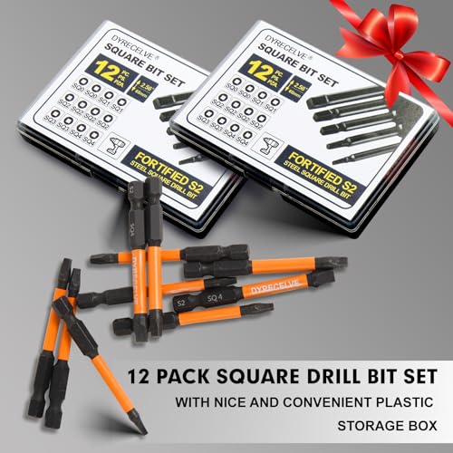 12-Pack Square Drive Bits- Premium S2 Alloy Steel Square Bit Set Magnetic Heads- Robertson Square Drill Bit Set (Long 2.55"& Hex Shank) Square Head Screwdriver Sizes #0, 1, 2, 3, and #4