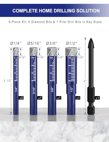 6 PCs Diamond Drill Bits Set for Porcelain, Ceramic, Glass & More - Versatile Tile Drill Bits for Efficient, Precise Drilling