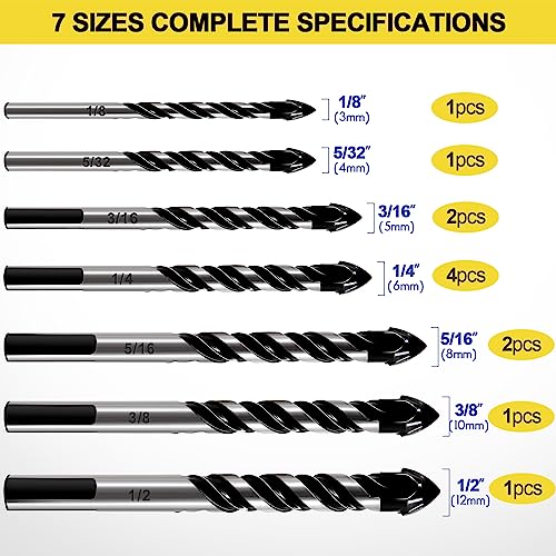 12-PCS Masonry Drill Bit Set & Concrete Drill Bit Set, 1/8 to 1/2 inch Professional Carbide Drill Bits Tip for Glass, Tile, Brick, Cement Concrete Plastic Wood etc. Masonry Drill Bits Set by DYRECELVE