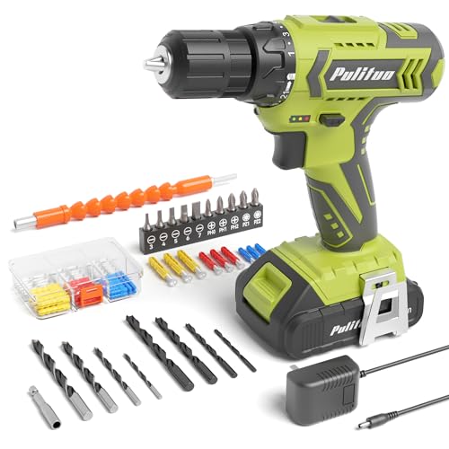 PULITUO Cordless Drill Set - 20V Electric Power Drill with Battery and Charger, 30N Torque, 21+1 Torque Settings, 2 Variable Speeds, includes a 43-pcs Drill Driver Bits Kit and Screws Set (Green)