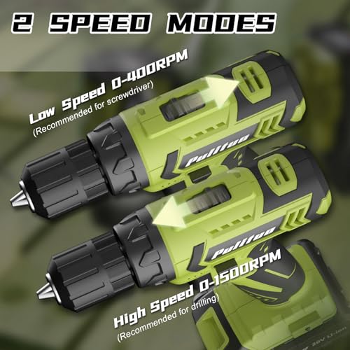 PULITUO Cordless Drill Set - 20V Electric Power Drill with Battery and Charger, 30N Torque, 21+1 Torque Settings, 2 Variable Speeds, includes a 43-pcs Drill Driver Bits Kit and Screws Set (Green)
