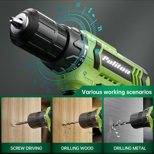 PULITUO Cordless Drill Set - 20V Electric Power Drill with Battery and Charger, 30N Torque, 21+1 Torque Settings, 2 Variable Speeds, includes a 43-pcs Drill Driver Bits Kit and Screws Set (Green)
