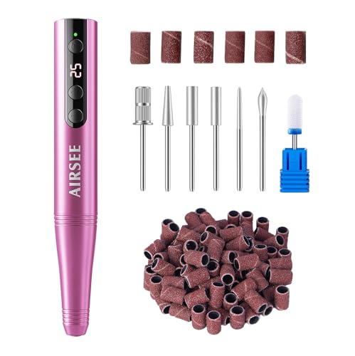 AIRSEE NH4 Electric Cordless Nail Drill Rechargeable 25000 RPM E-File for Manicure Pedicure Acrylic Polish Gel Remover Professional Portable Fingernail Grinder HD Screen 56 Sanding Bands 7 Bits Pink