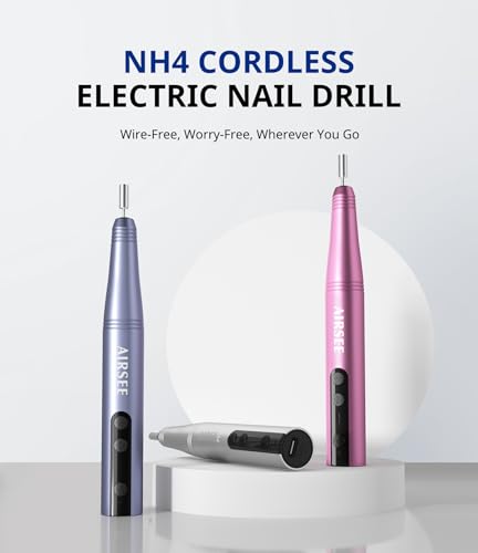 AIRSEE NH4 Electric Cordless Nail Drill Rechargeable 25000 RPM E-File for Manicure Pedicure Acrylic Polish Gel Remover Professional Portable Fingernail Grinder HD Screen 56 Sanding Bands 7 Bits Pink