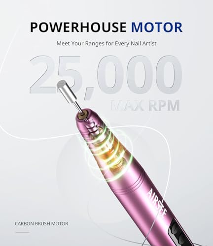 AIRSEE NH4 Electric Cordless Nail Drill Rechargeable 25000 RPM E-File for Manicure Pedicure Acrylic Polish Gel Remover Professional Portable Fingernail Grinder HD Screen 56 Sanding Bands 7 Bits Pink
