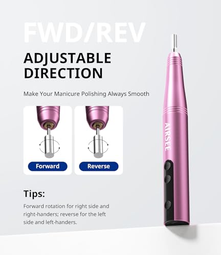 AIRSEE NH4 Electric Cordless Nail Drill Rechargeable 25000 RPM E-File for Manicure Pedicure Acrylic Polish Gel Remover Professional Portable Fingernail Grinder HD Screen 56 Sanding Bands 7 Bits Pink