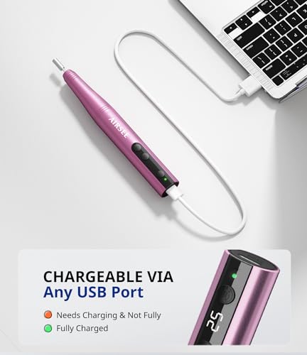 AIRSEE NH4 Electric Cordless Nail Drill Rechargeable 25000 RPM E-File for Manicure Pedicure Acrylic Polish Gel Remover Professional Portable Fingernail Grinder HD Screen 56 Sanding Bands 7 Bits Pink