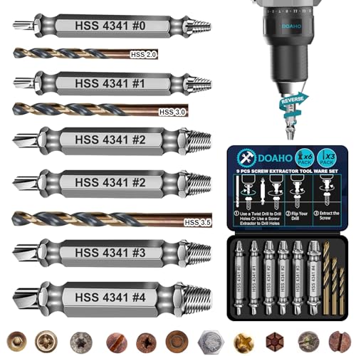 DOAHO 9 PCS Damaged Screw Extractor Set,6 PCS HSS 4341 Screw Extractor Remover Kit and 3 PCS Twist Drill Bit Kit for Stripped Screws & Drill Bit Tools,Holiday or Birthday Gift for Men
