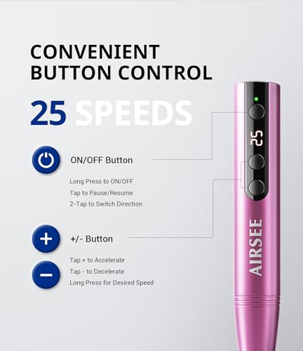 AIRSEE NH4 Electric Cordless Nail Drill Rechargeable 25000 RPM E-File for Manicure Pedicure Acrylic Polish Gel Remover Professional Portable Fingernail Grinder HD Screen 56 Sanding Bands 7 Bits Pink