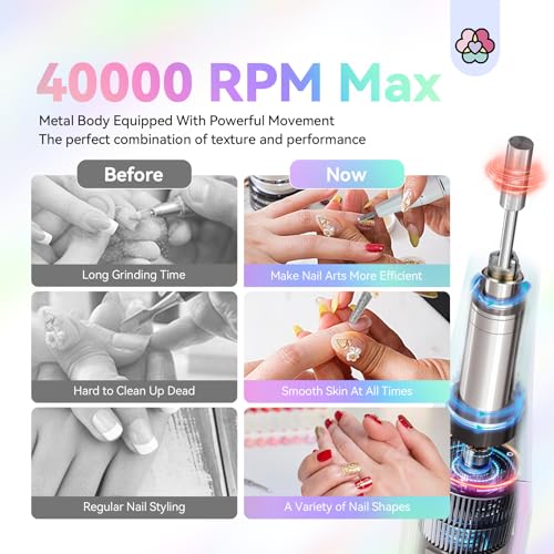 SAVILAND Nail Drill for Acrylic Nails Professional: 40000RPM Nail Drill 6000mAhm High Capacity Rechargeable Electric Nail File 13 Drill Bits for Nails Manicure Pedicure E File Sky Realm
