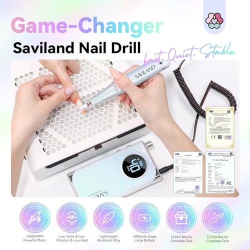 SAVILAND Nail Drill for Acrylic Nails Professional: 40000RPM Nail Drill 6000mAhm High Capacity Rechargeable Electric Nail File 13 Drill Bits for Nails Manicure Pedicure E File Sky Realm