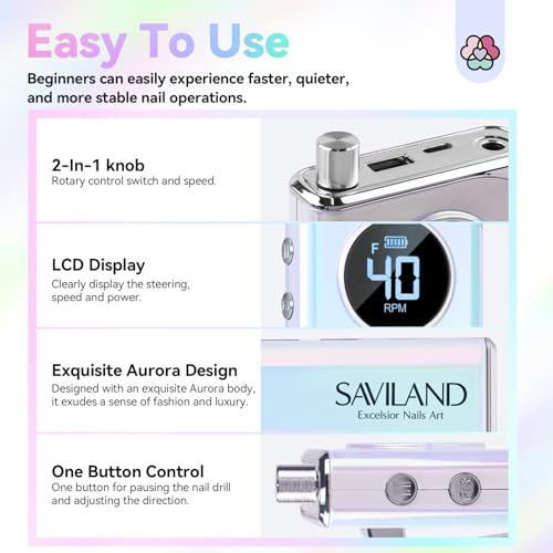 SAVILAND Nail Drill for Acrylic Nails Professional: 40000RPM Nail Drill 6000mAhm High Capacity Rechargeable Electric Nail File 13 Drill Bits for Nails Manicure Pedicure E File Sky Realm