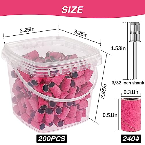 Rolybag Sanding Bands for Nail Drill 240 Grit Extreme Fine Nail Sanding Bands 200Pcs Pink Professional Sanding Bands and 2Pcs Nail Drill Bits for Manicures and Pedicure