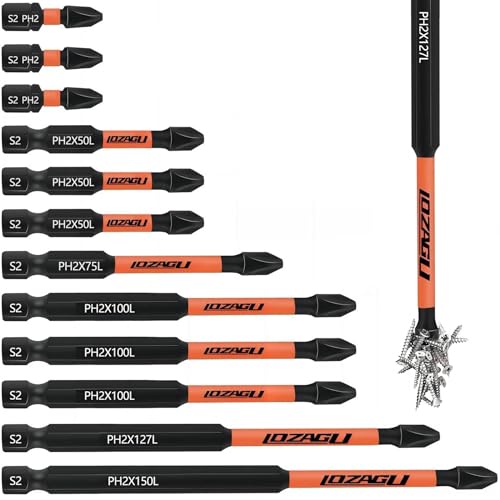 LOZAGU 12-Piece Phillips Bits #2 Impact Magnetic, S2 Steel, 1 2 3 4 5 6 Inch Long 2 Phillips Bits Set, 1/4 Hex Shank Phillips Head Drill Bits