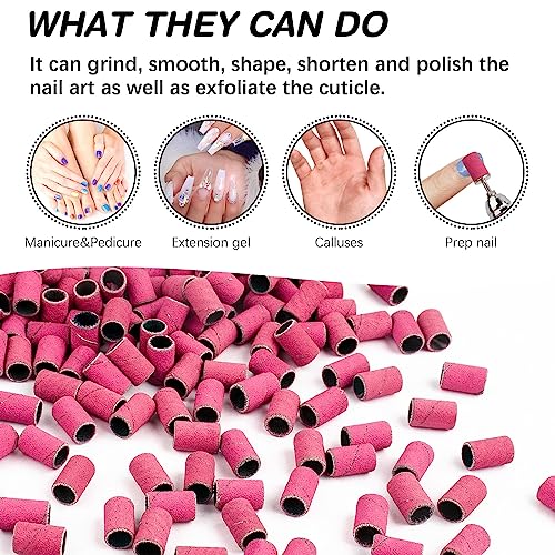 Rolybag Sanding Bands for Nail Drill 240 Grit Extreme Fine Nail Sanding Bands 200Pcs Pink Professional Sanding Bands and 2Pcs Nail Drill Bits for Manicures and Pedicure