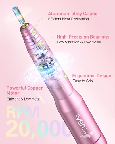 Subay Electric Nail Drill, Portable Electric Nail File for Acrylic Gel Nails, Nail Drill Kit Manicure Pedicure Tool with 6 Nail Drill Bits and 26 Sanding Bands for Home and Salon Use - Pink