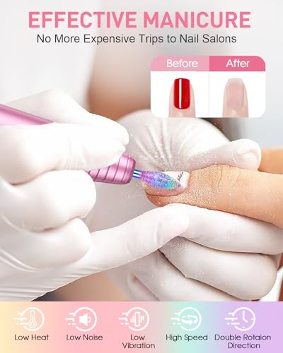 Subay Electric Nail Drill, Portable Electric Nail File for Acrylic Gel Nails, Nail Drill Kit Manicure Pedicure Tool with 6 Nail Drill Bits and 26 Sanding Bands for Home and Salon Use - Pink