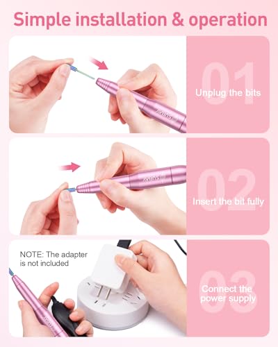 Subay Electric Nail Drill, Portable Electric Nail File for Acrylic Gel Nails, Nail Drill Kit Manicure Pedicure Tool with 6 Nail Drill Bits and 26 Sanding Bands for Home and Salon Use - Pink