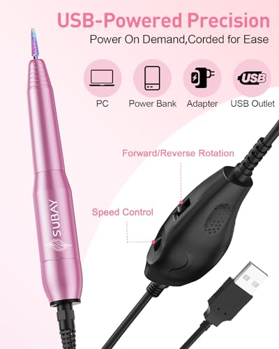 Subay Electric Nail Drill, Portable Electric Nail File for Acrylic Gel Nails, Nail Drill Kit Manicure Pedicure Tool with 6 Nail Drill Bits and 26 Sanding Bands for Home and Salon Use - Pink