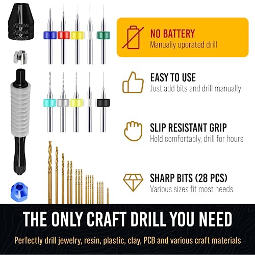 CRAFT911 Hand Drill Bits Set - Pin Vise Hand Drill Manual, Small Micro Drill Bit Set | Jewelry Drill Kit, PCB Mini Drill Bits for Resin Beads Polymer Clay | DYI Jewelry Making Drill, Craft Drill Bit