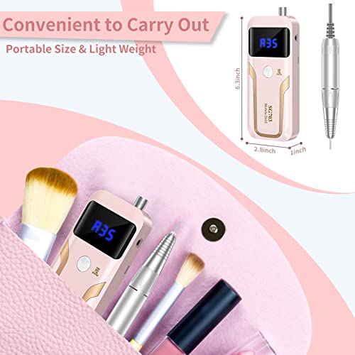 Portable Nail Drill Professional 35000 RPM, Rechargeable Electric Nail File Machine E File for Acrylic Nails Gel Polishing Removing, Cordless Efile with Bits Kit for Manicure Salon Home, Pink