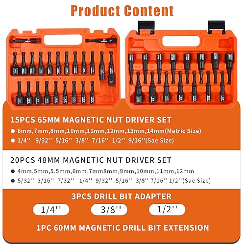 FTIHTRY 39Pcs Magnetic Nut Driver Set for Impact Drill, Metric & SAE Magnetic Impact Drill Driver Bit, 1/4" Hex Shank, Fully Magnetic Hex Nut Driver Drill Bit Master Kit