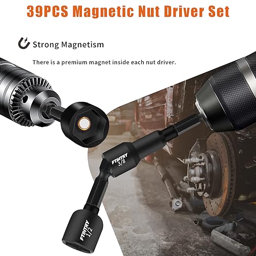 FTIHTRY 39Pcs Magnetic Nut Driver Set for Impact Drill, Metric & SAE Magnetic Impact Drill Driver Bit, 1/4" Hex Shank, Fully Magnetic Hex Nut Driver Drill Bit Master Kit