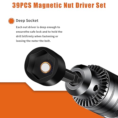 FTIHTRY 39Pcs Magnetic Nut Driver Set for Impact Drill, Metric & SAE Magnetic Impact Drill Driver Bit, 1/4" Hex Shank, Fully Magnetic Hex Nut Driver Drill Bit Master Kit