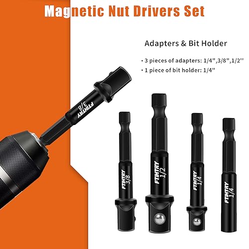 FTIHTRY 39Pcs Magnetic Nut Driver Set for Impact Drill, Metric & SAE Magnetic Impact Drill Driver Bit, 1/4" Hex Shank, Fully Magnetic Hex Nut Driver Drill Bit Master Kit