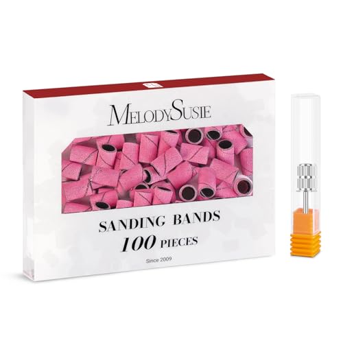 MelodySusie 100 Pcs Nail Drill Bits Sanding Bands for Nail Drill 180 Fine Grit Nail File Sanding Bands for Acrylic Nails Gel Manicures and Pedicure